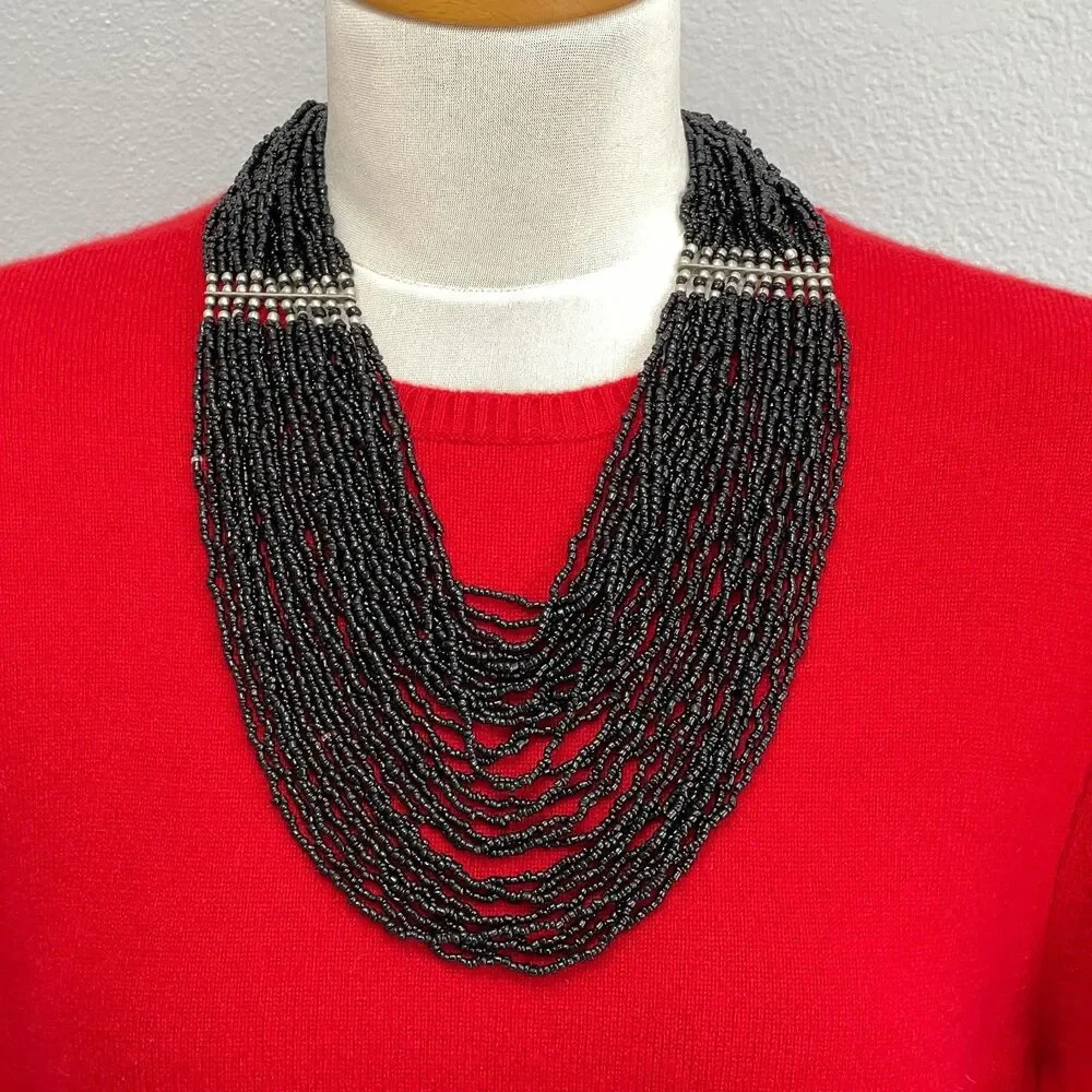 Black‎ Seed Beads Beaded Silver-tone Multi-strands Women's Fashion Necklace